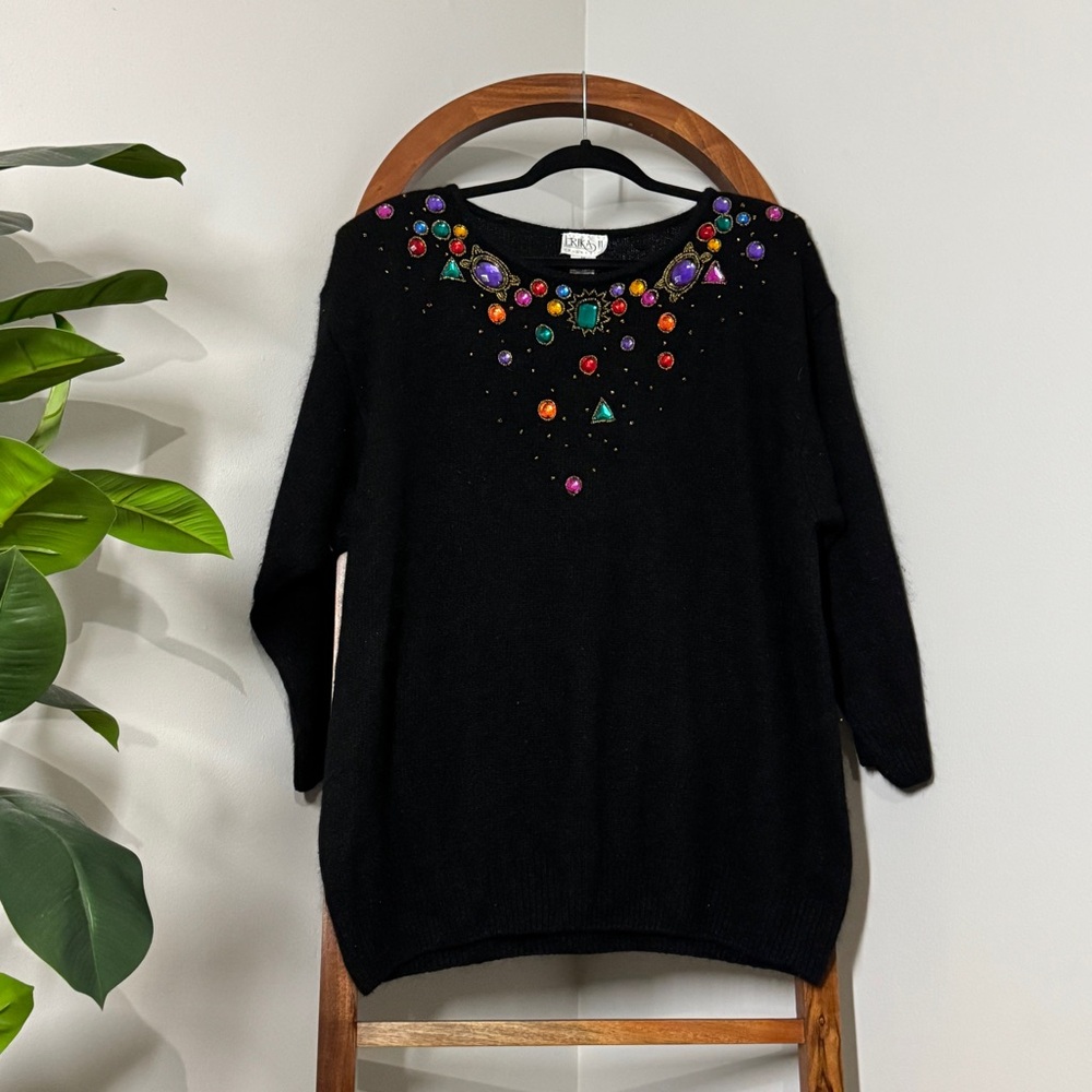 Vintage Erika 3X Black Silk Wool Blend Jeweled Knit Sweater